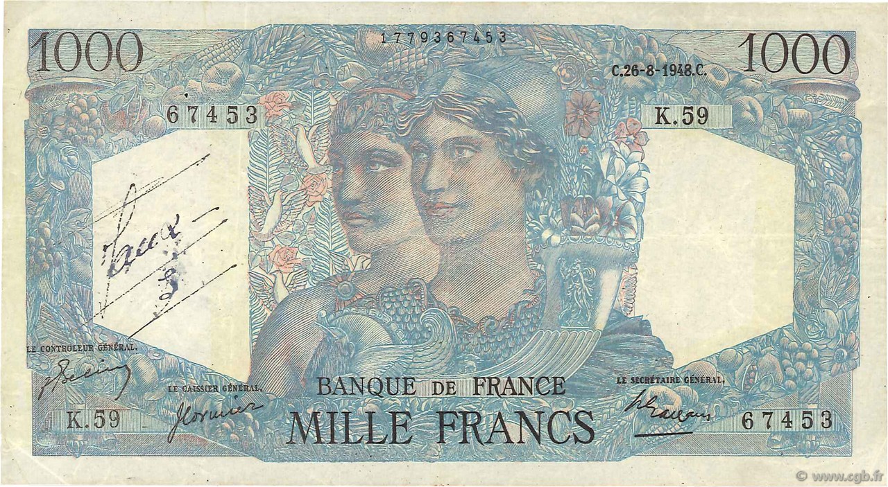1000 Francs MINERVE ET HERCULE FRANCE  1948 F.41.23 VF