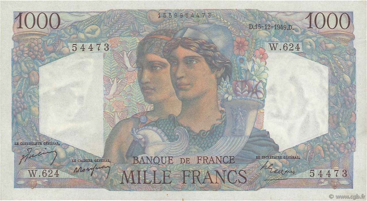 1000 Francs MINERVE ET HERCULE FRANKREICH  1949 F.41.30 fST