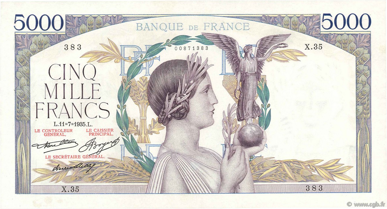 5000 Francs VICTOIRE FRANCE  1935 F.44.03 VF - XF
