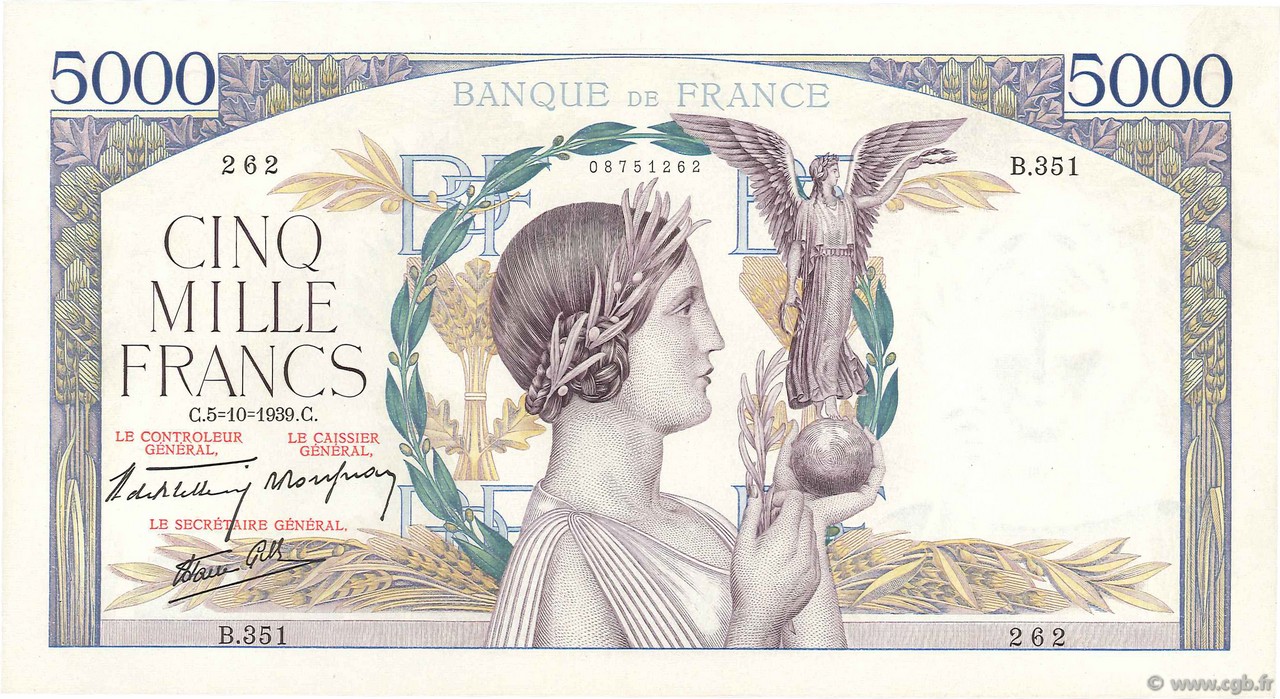 5000 Francs VICTOIRE Impression à plat FRANCE  1939 F.46.13 XF