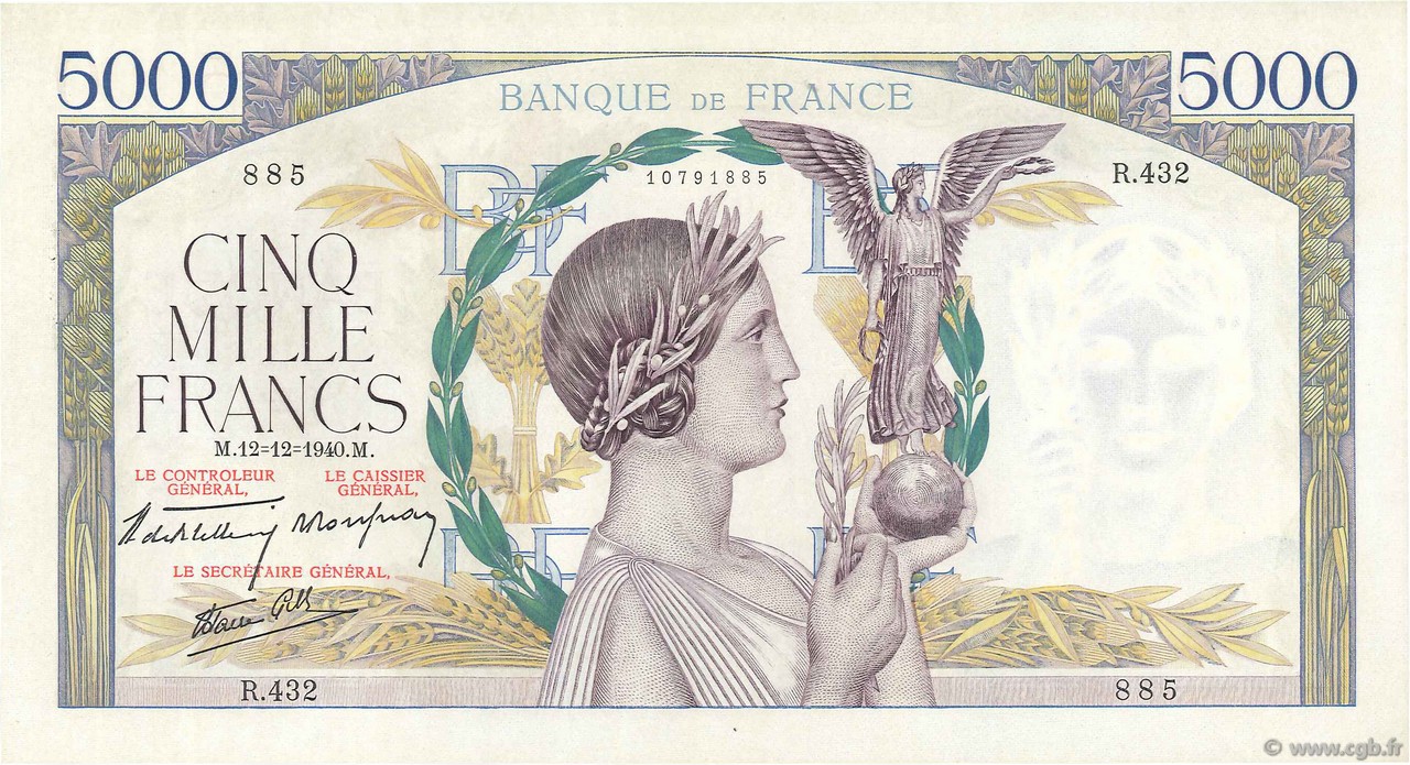 5000 Francs VICTOIRE Impression à plat FRANCE  1940 F.46.16 XF - AU