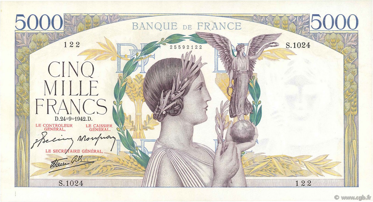 5000 Francs VICTOIRE Impression à plat FRANCIA  1942 F.46.41 AU