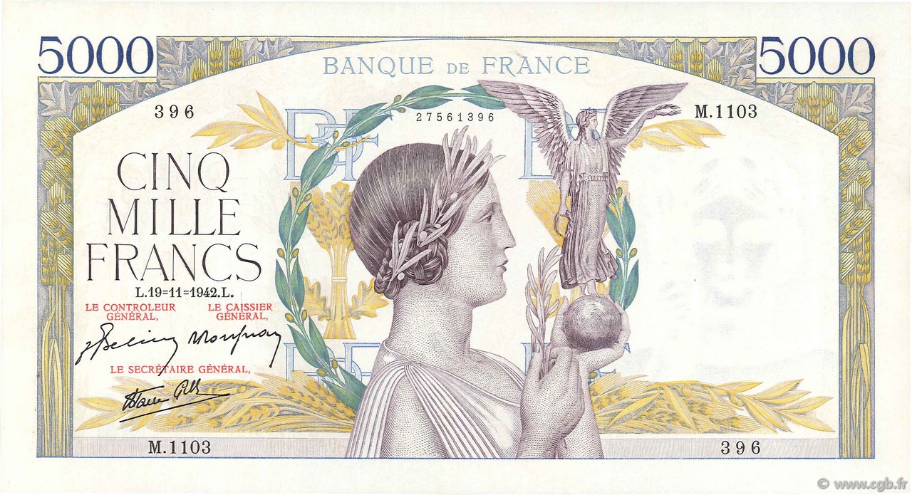 5000 Francs VICTOIRE Impression à plat FRANCE  1942 F.46.44 XF+