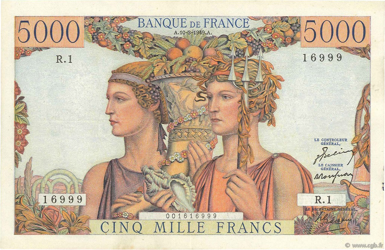 5000 Francs TERRE ET MER FRANKREICH  1949 F.48.01 VZ