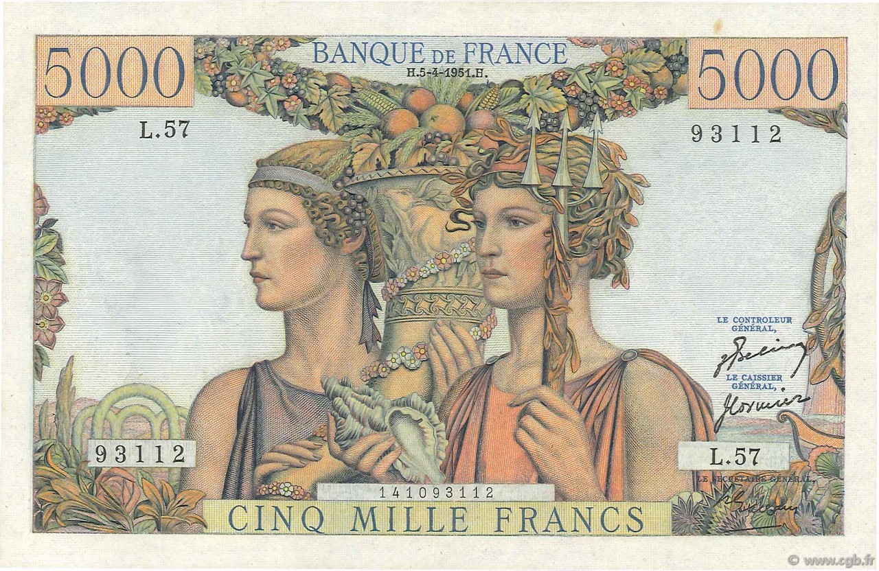 5000 Francs TERRE ET MER FRANCIA  1951 F.48.04 EBC