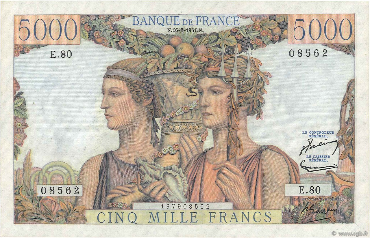 5000 Francs TERRE ET MER FRANCE  1951 F.48.05 AU-