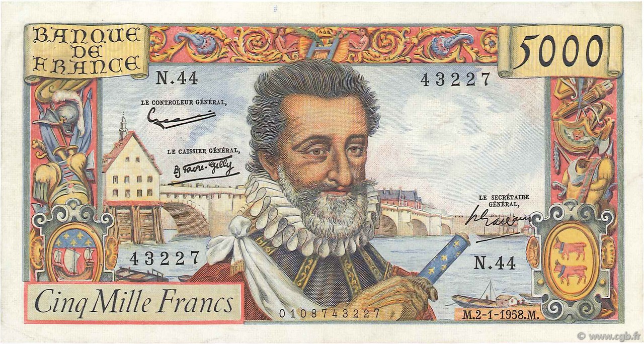 5000 Francs HENRI IV FRANKREICH  1958 F.49.05 VZ