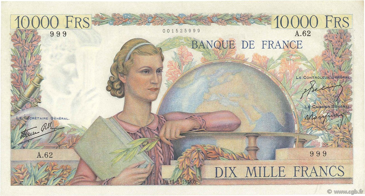 10000 Francs GÉNIE FRANÇAIS FRANCIA  1946 F.50.03 EBC