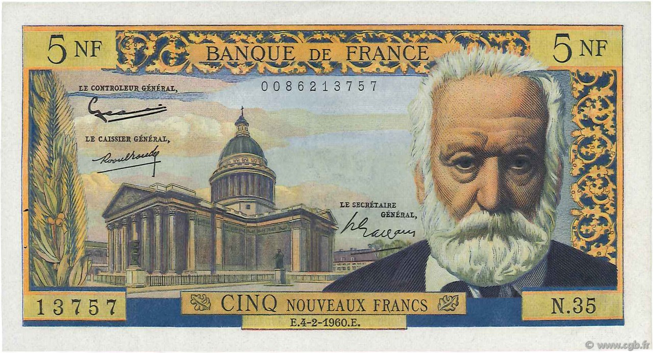 5 Nouveaux Francs VICTOR HUGO FRANCE  1960 F.56.05 AU