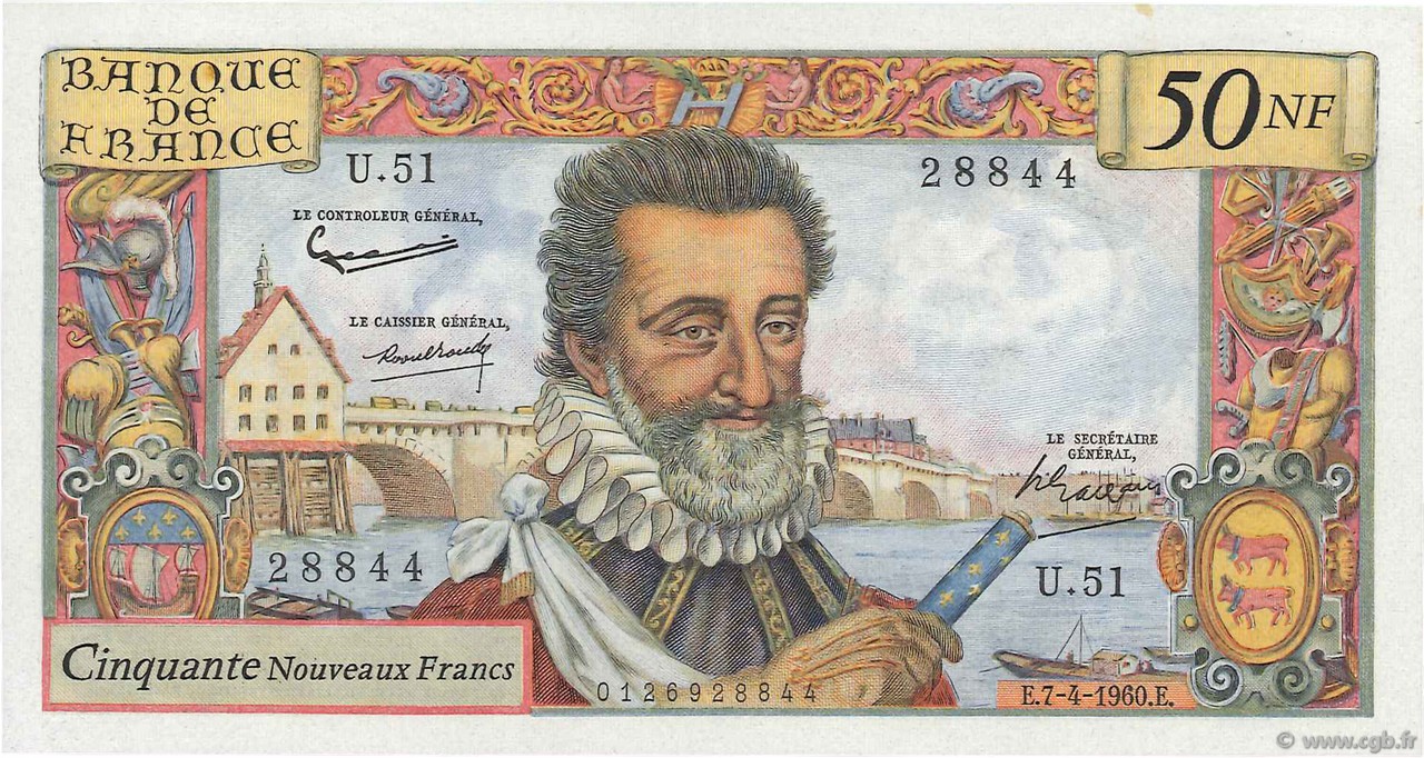 50 Nouveaux Francs HENRI IV FRANCE  1960 F.58.05 XF+