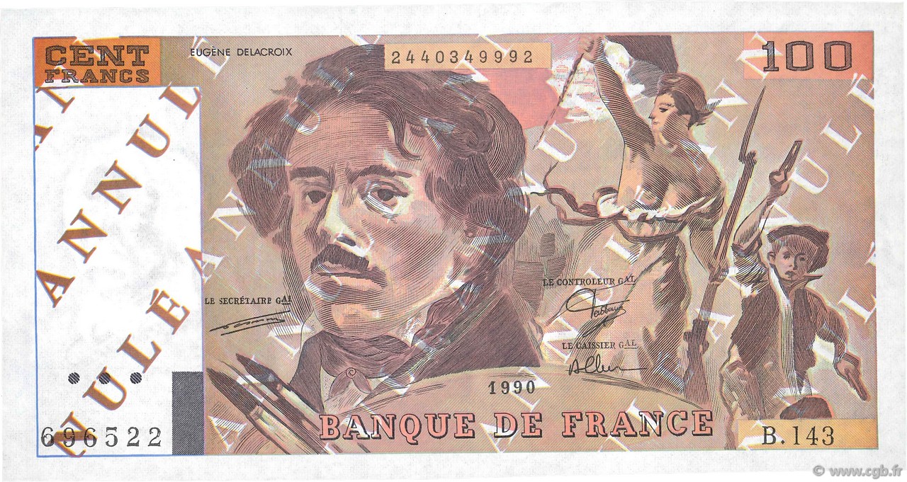 100 Francs DELACROIX imprimé en continu FRANKREICH  1990 F.69bis.01Ec fST+