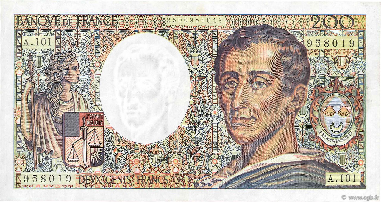 200 Francs MONTESQUIEU alphabet 101 FRANCIA  1992 F.70bis.01 BB to SPL