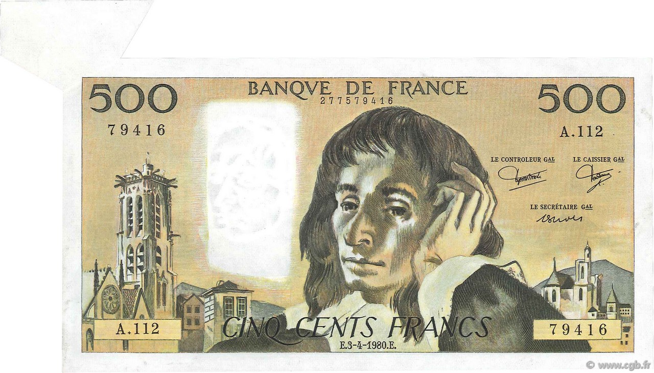 500 Francs PASCAL FRANKREICH  1980 F.71.21 fST