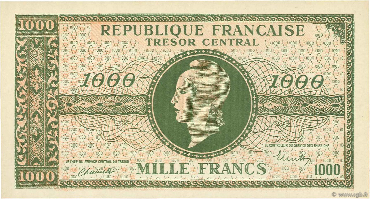 1000 Francs MARIANNE FRANKREICH  1945 VF.12.01x ST