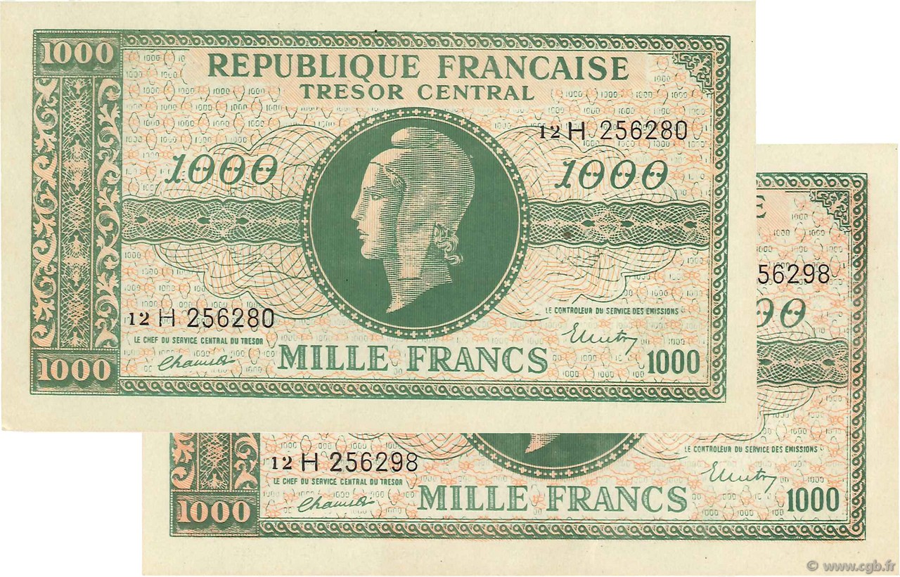 1000 Francs MARIANNE FRANCE  1945 VF.13.03x UNC-
