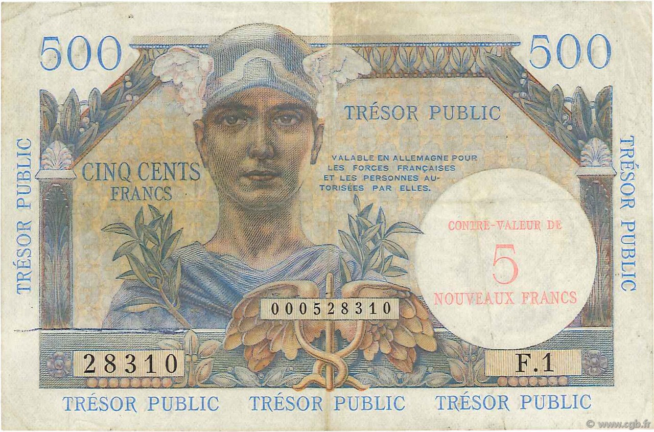 5NF sur 500 Francs TRÉSOR PUBLIC FRANCIA  1960 VF.37.01 BC+