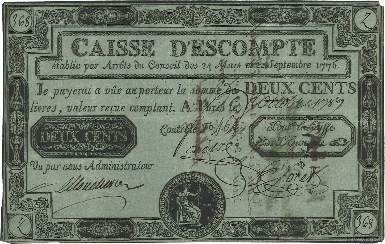 200 Livres Caisse d Escompte FRANCE  1789 Laf.103 VF