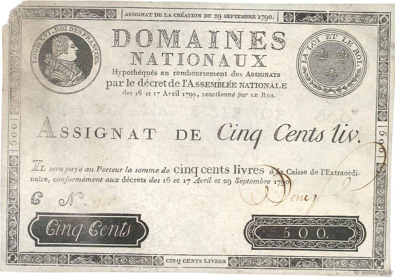 500 Livres FRANCE  1790 Ass.10a VF+