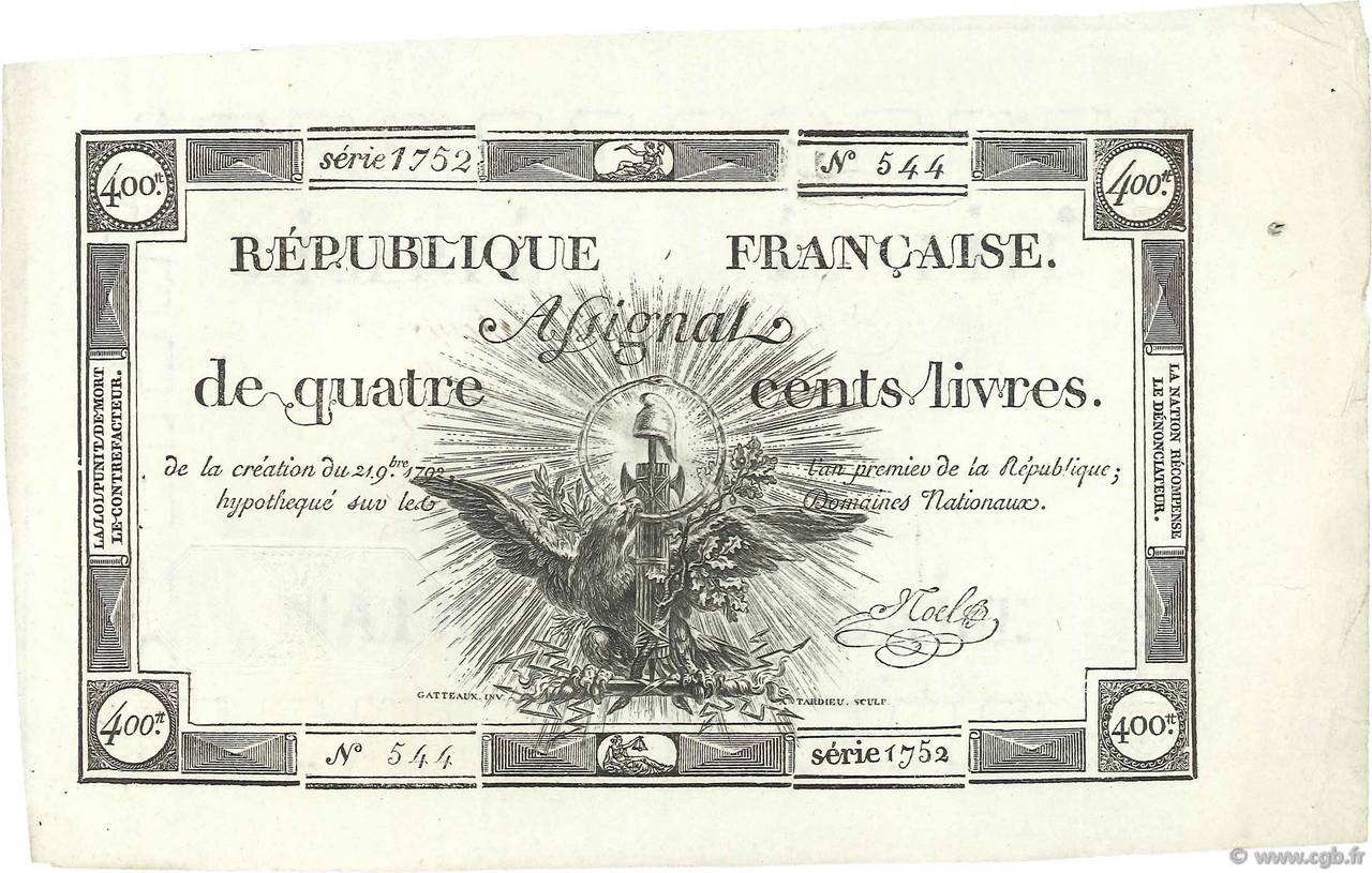 400 Livres FRANCE  1792 Ass.38c XF-