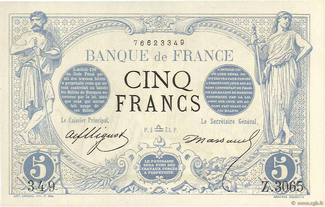 5 Francs NOIR FRANCIA  1873 F.01.22 FDC