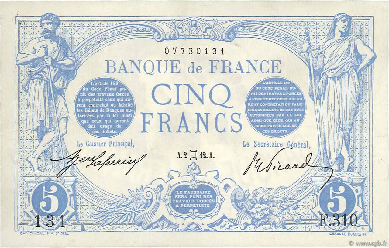 5 Francs BLEU FRANCIA  1912 F.02.05 SPL
