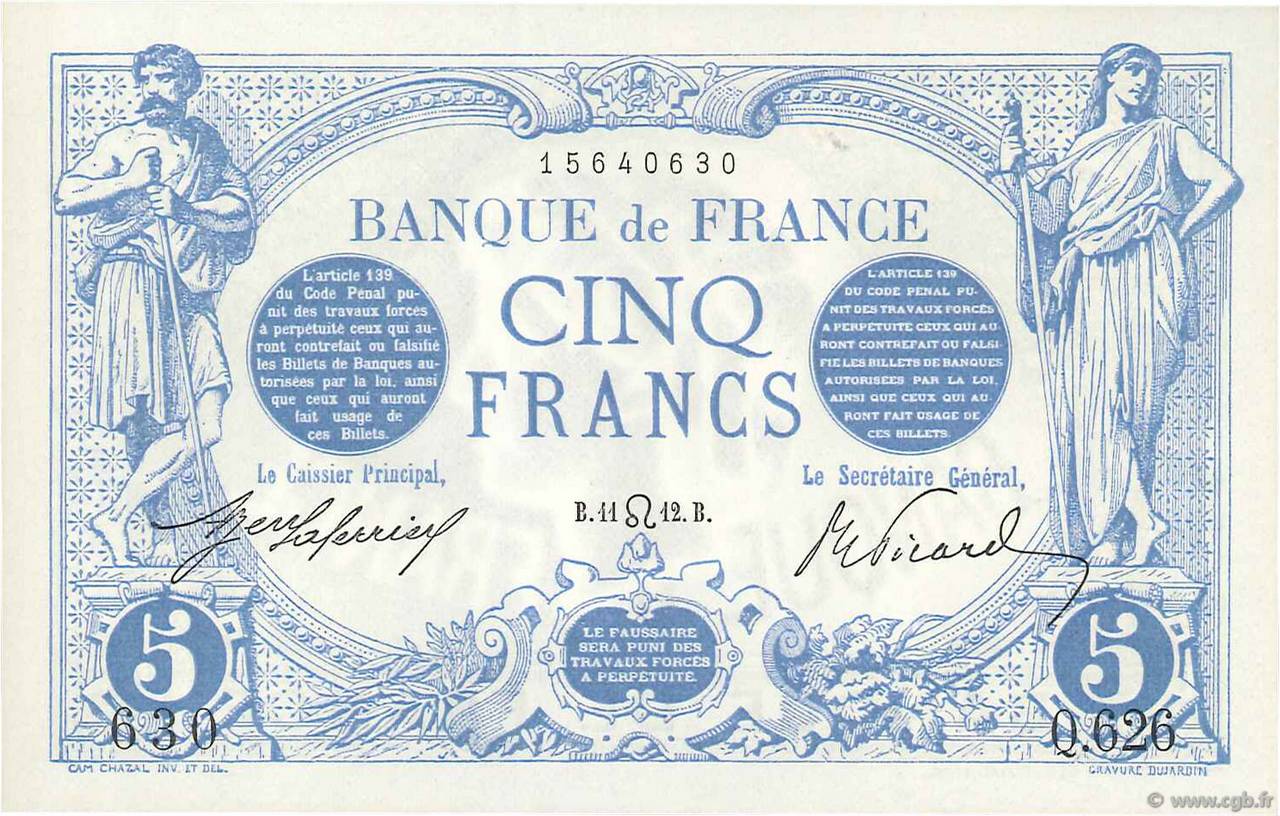 5 Francs BLEU FRANCIA  1912 F.02.07 FDC