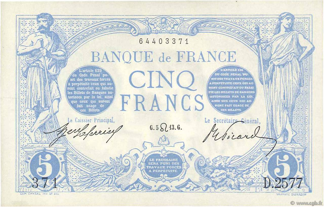 5 Francs BLEU FRANCIA  1913 F.02.19 FDC