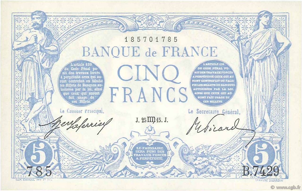 5 Francs BLEU FRANCE  1915 F.02.30 UNC