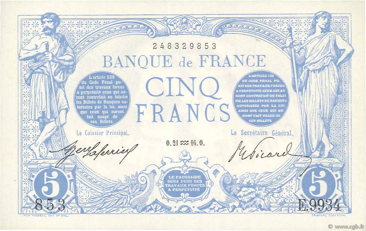 5 Francs BLEU FRANCE  1916 F.02.35 UNC