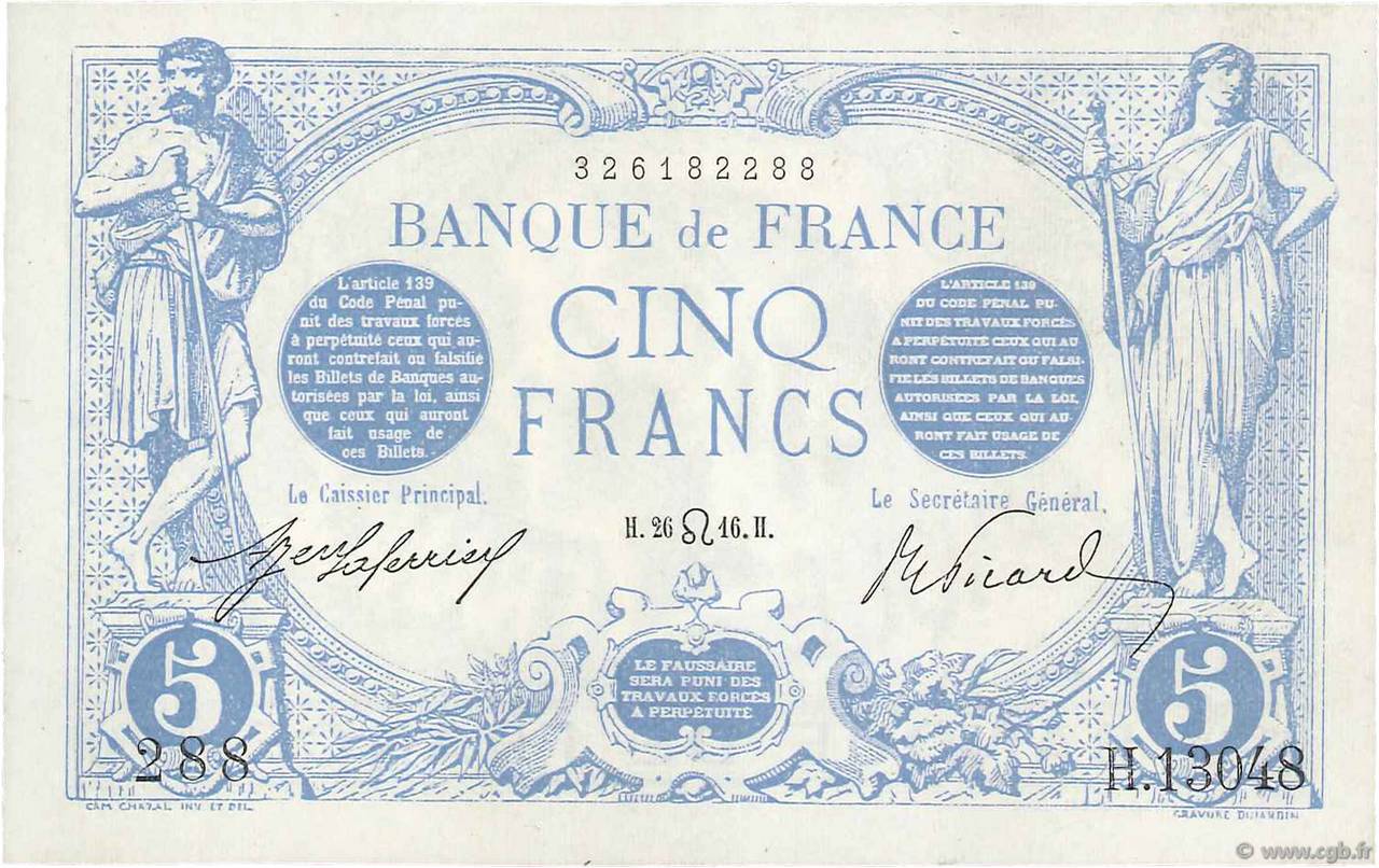 5 Francs BLEU FRANKREICH  1916 F.02.41 VZ+