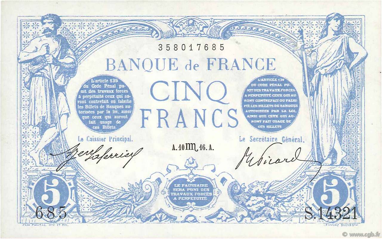 5 Francs BLEU FRANKREICH  1916 F.02.44 ST