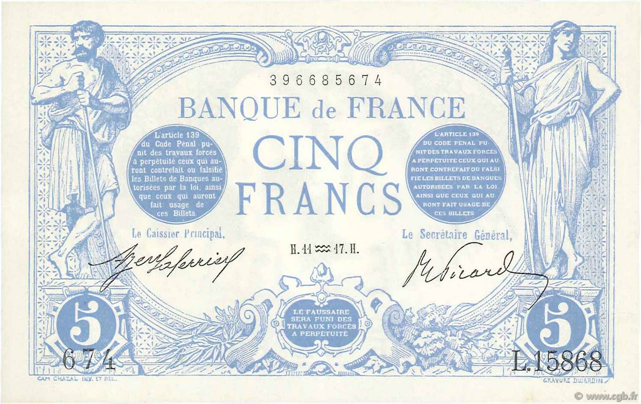 5 Francs BLEU FRANKREICH  1917 F.02.47 ST