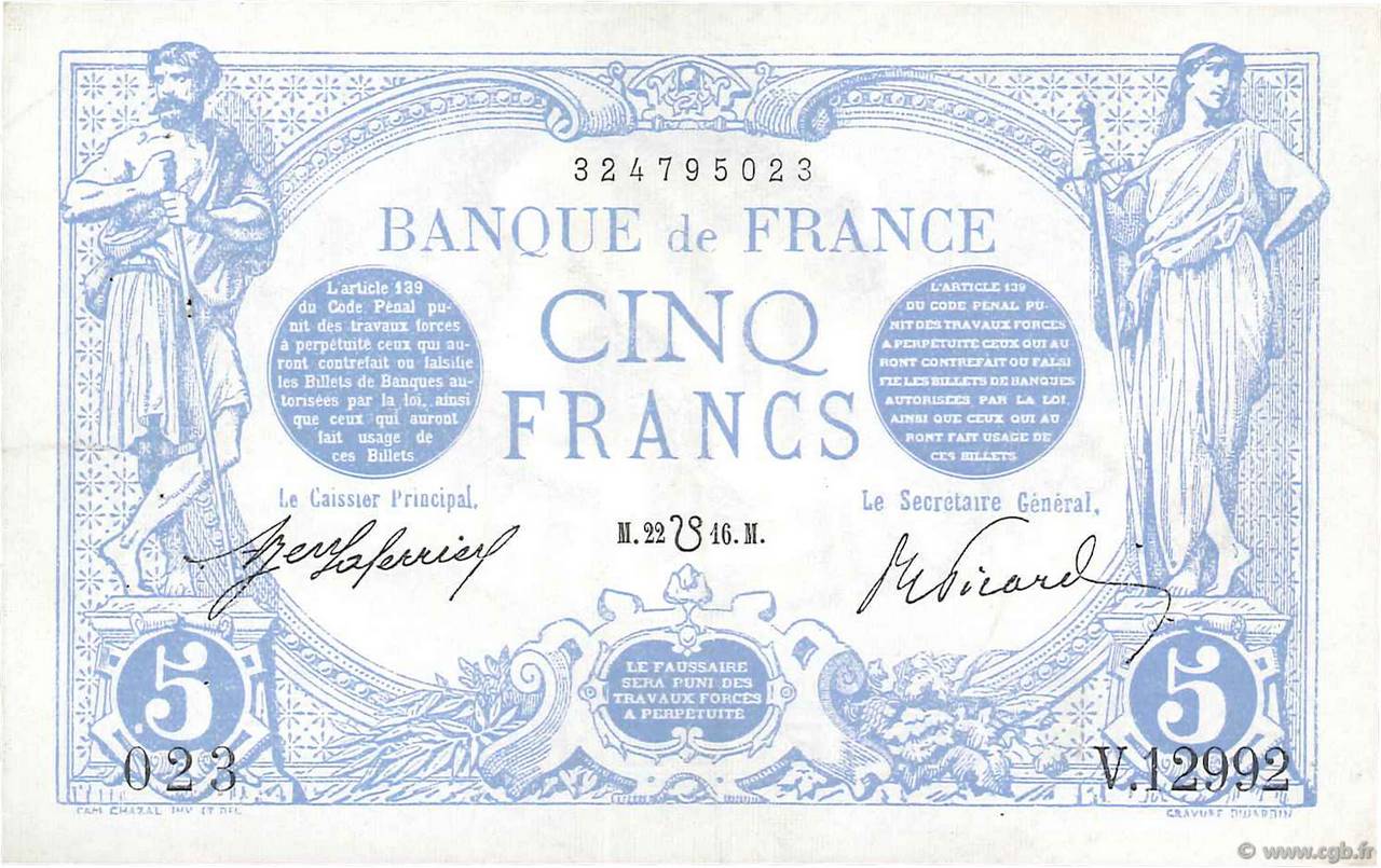 5 Francs BLEU lion inversé FRANCIA  1917 F.02bis.04 MBC+
