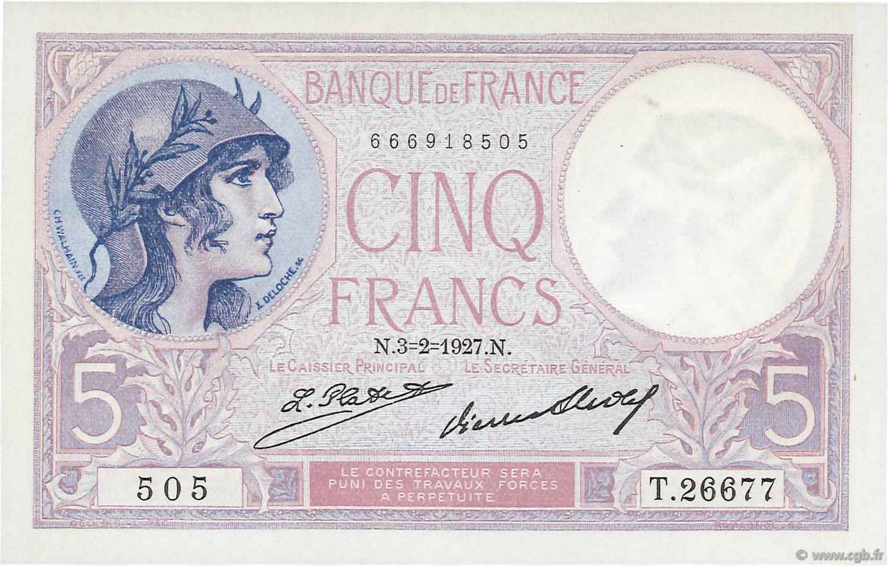 5 Francs FEMME CASQUÉE FRANKREICH  1927 F.03.11 ST