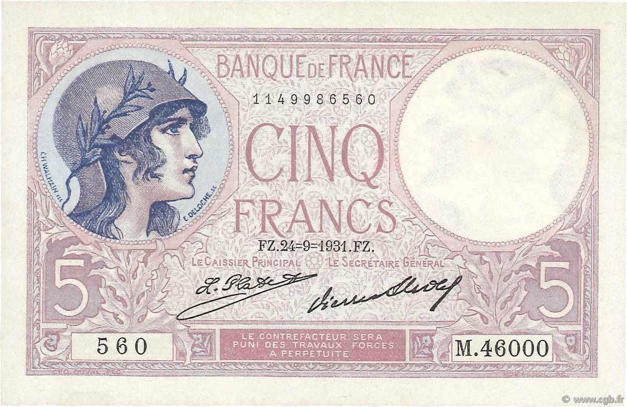 5 Francs FEMME CASQUÉE FRANKREICH  1931 F.03.15 ST