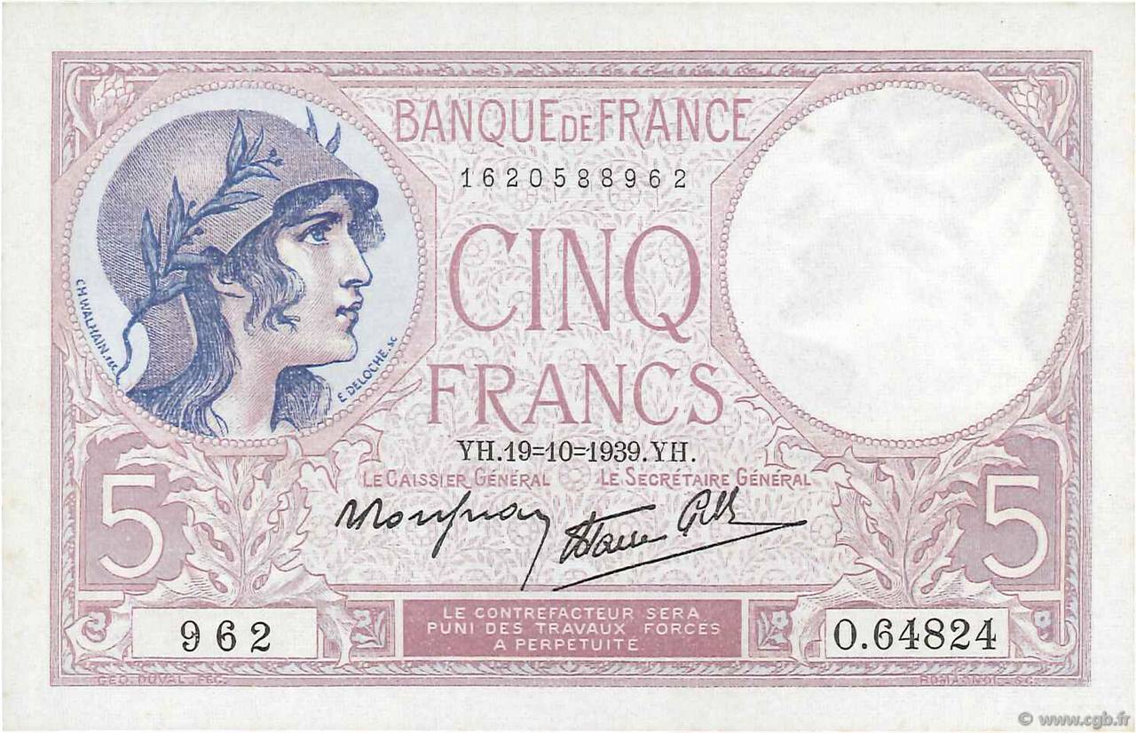 5 Francs FEMME CASQUÉE modifié FRANCE  1939 F.04.12 pr.NEUF