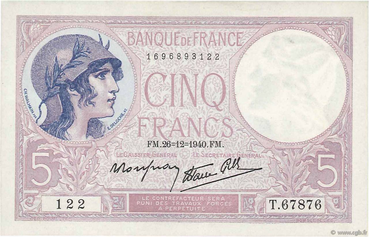 5 Francs FEMME CASQUÉE modifié FRANKREICH  1940 F.04.18 fST+