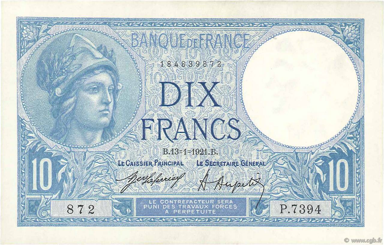 10 Francs MINERVE FRANKREICH  1921 F.06.05 fST