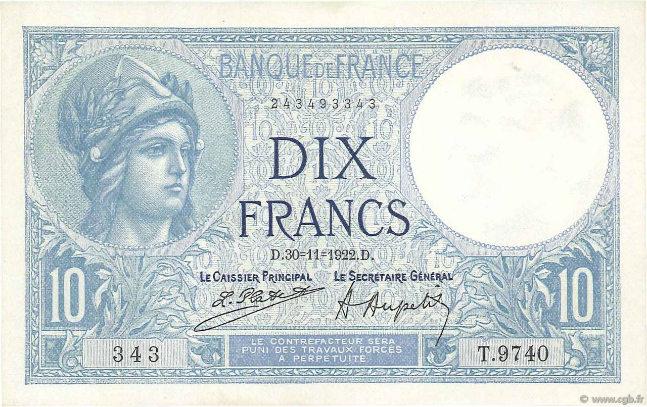10 Francs MINERVE FRANCE  1922 F.06.06 UNC