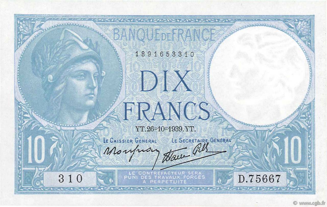 10 Francs MINERVE modifié FRANKREICH  1939 F.07.13 fST