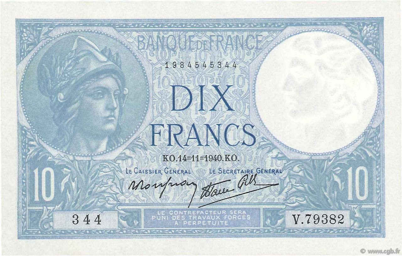 10 Francs MINERVE modifié FRANCIA  1940 F.07.20 FDC
