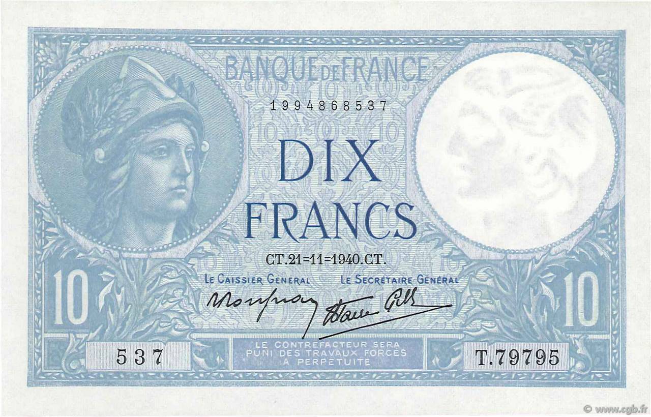 10 Francs MINERVE modifié FRANCE  1940 F.07.21 UNC-