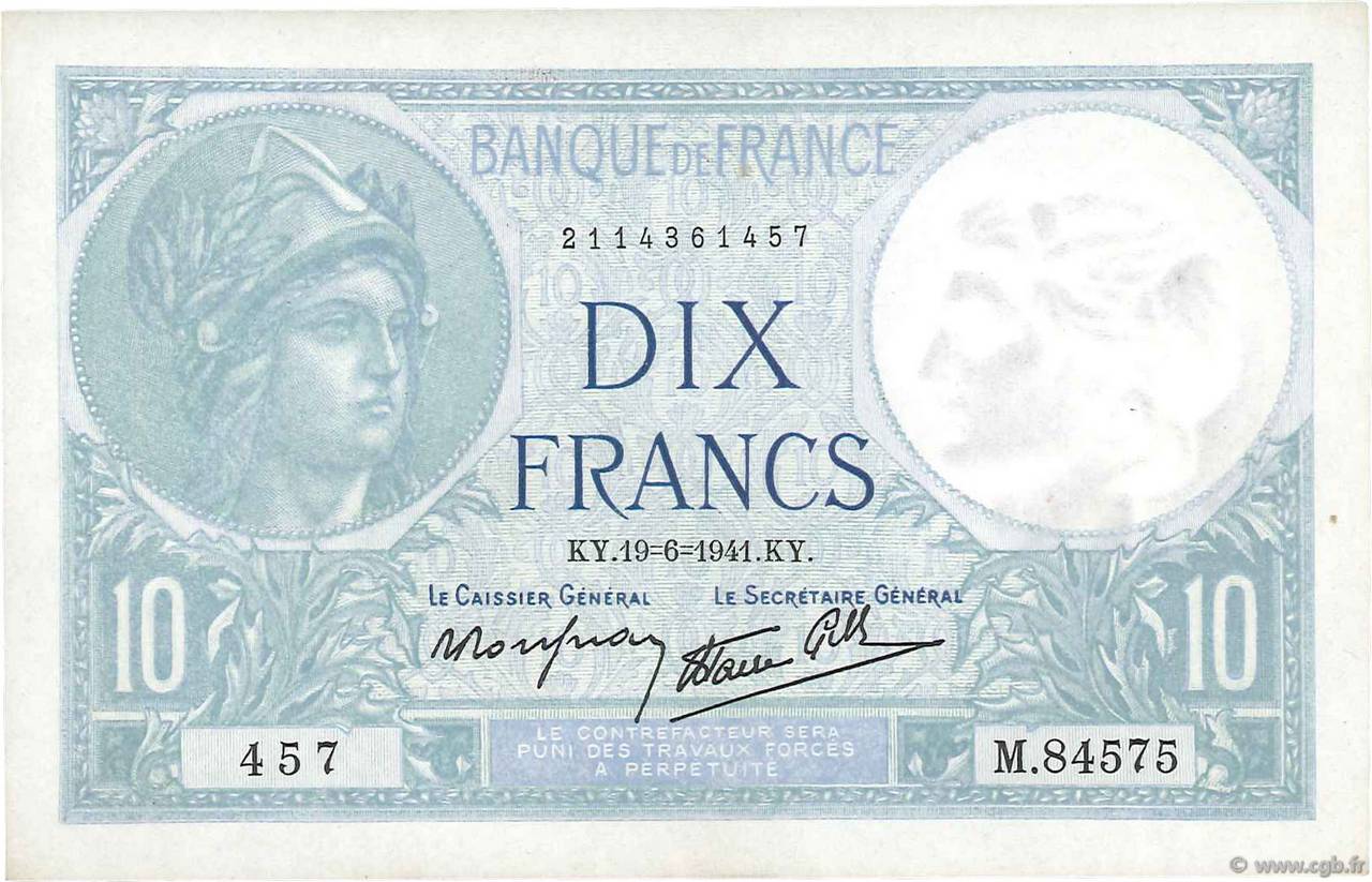 10 Francs MINERVE modifié FRANCE  1941 F.07.29 pr.NEUF