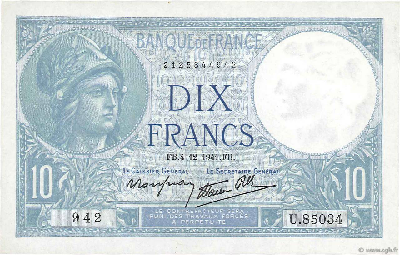 10 Francs MINERVE modifié FRANCIA  1941 F.07.30 FDC