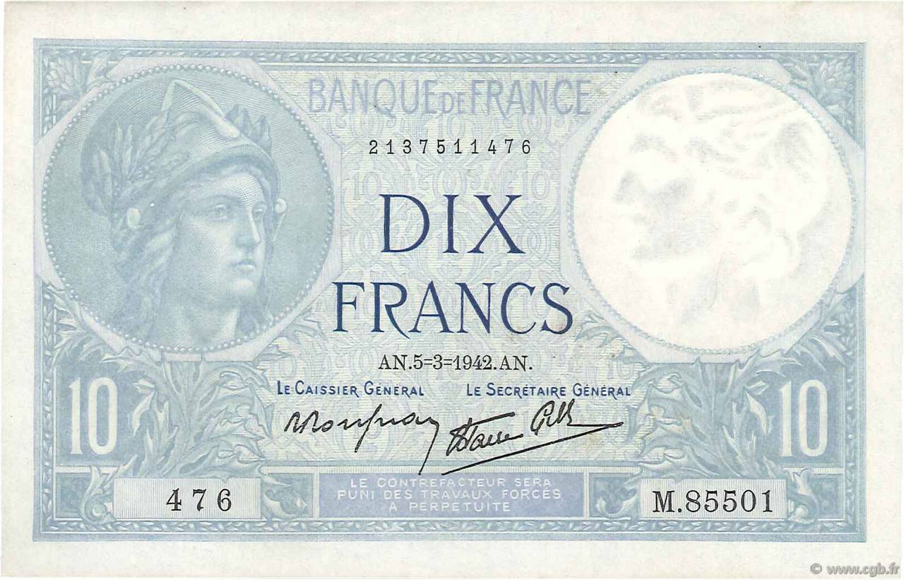 10 Francs MINERVE modifié FRANCE  1942 F.07.31 AU-