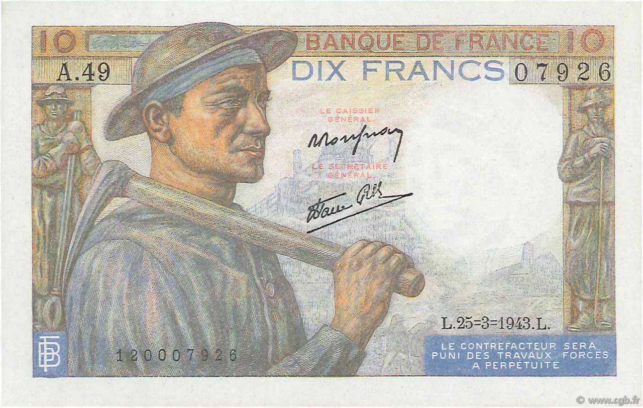 10 Francs MINEUR FRANCIA  1943 F.08.08 FDC