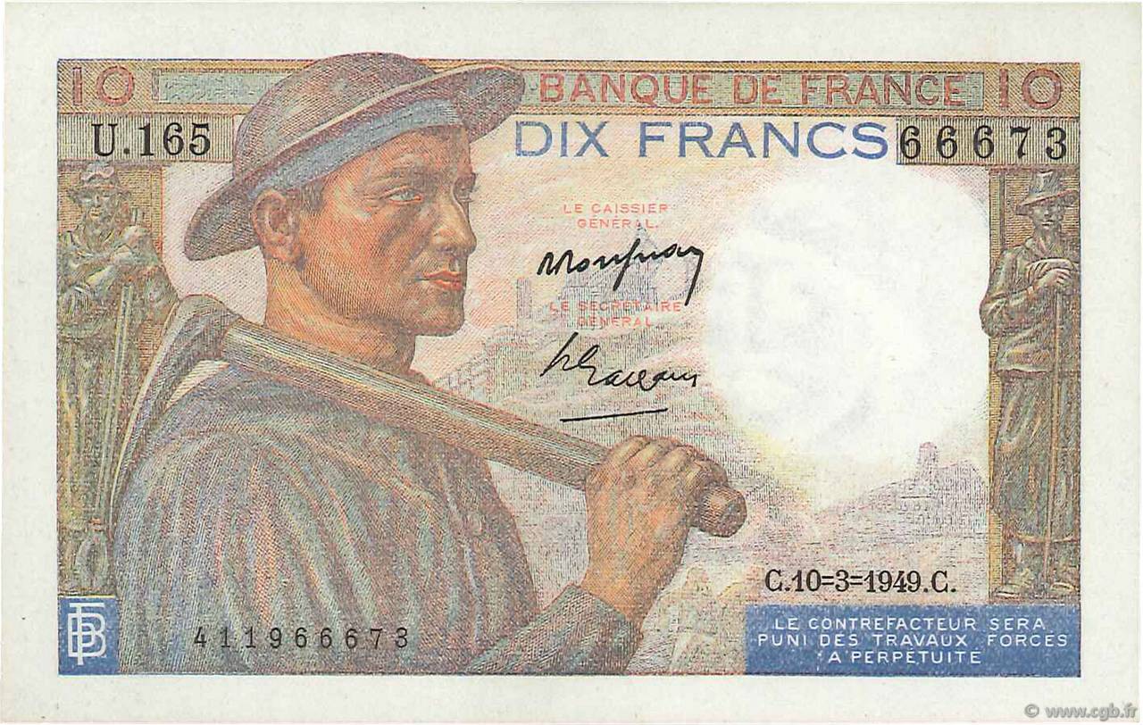 10 Francs MINEUR FRANCIA  1949 F.08.20 FDC