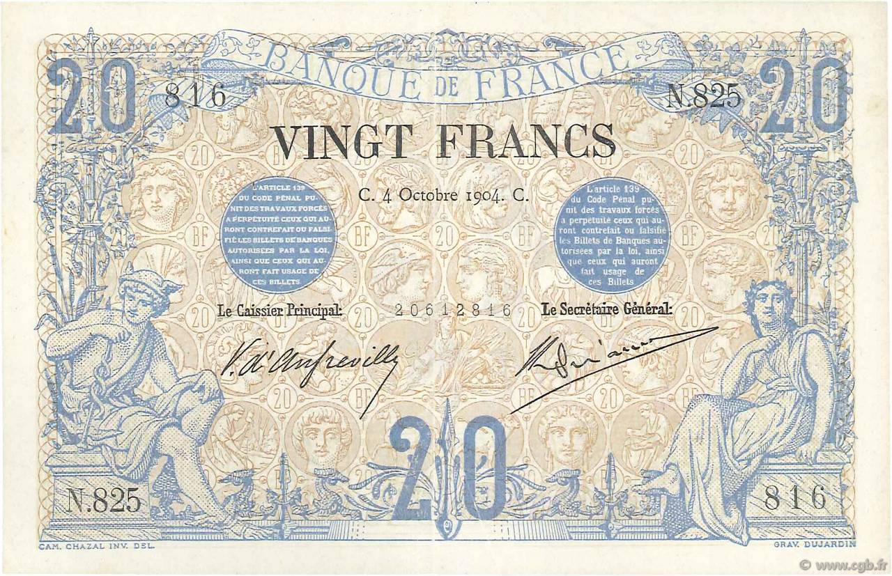 20 Francs NOIR FRANCE  1904 F.09.03 AU