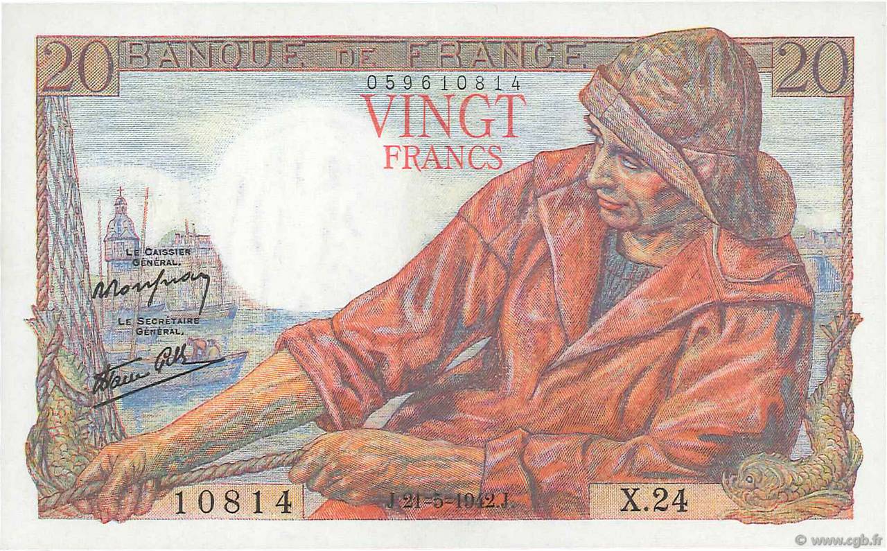 20 Francs PÊCHEUR FRANCE  1942 F.13.02 AU+