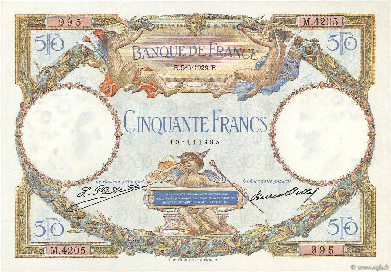 50 Francs LUC OLIVIER MERSON FRANCIA  1929 F.15.03 AU